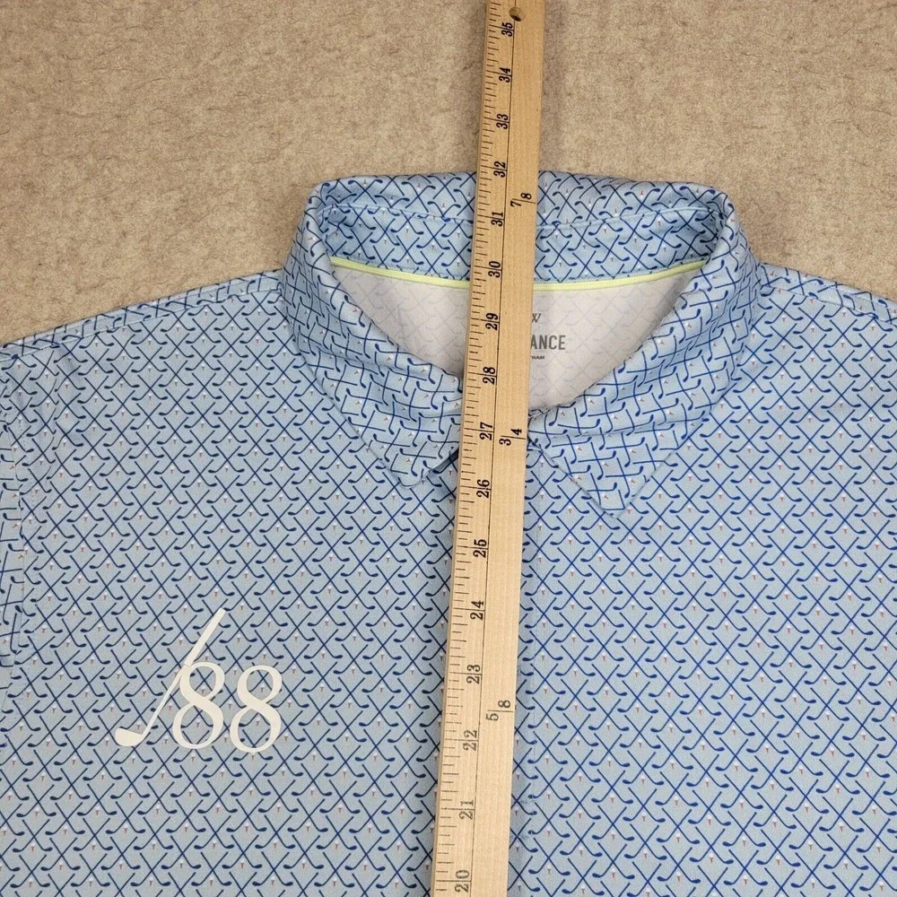 J Crew Golf Performance Polo Shirt‎ Mens 2XL Blue Short Sleeve Golf Club Print